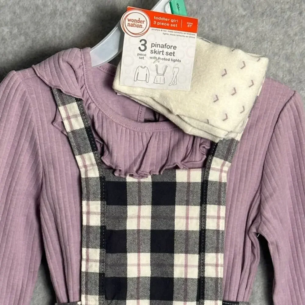 Wonder Nation 5T Girls 3pc Set Pinafore Skirt Overalls Long Sleeve Tights‎ Plaid